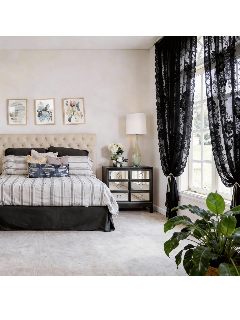 Sheer Lace Black Window Curtain Panels - Elegant Home Accents